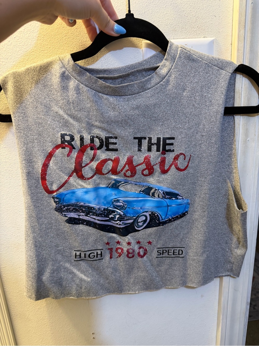 SHEIN Gray Crop Tank with Blue Vintage Car and Red Script